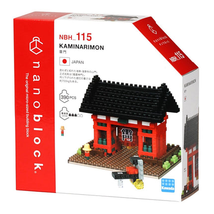 a red and black box containing a model kit of a Japanese temple, specifically the Kamarinamon, which is a traditional Japanese temple. The box is designed to resemble a traditional Japanese temple and is labeled with the model kit number, Kamarinamon, and the Japanese flag.