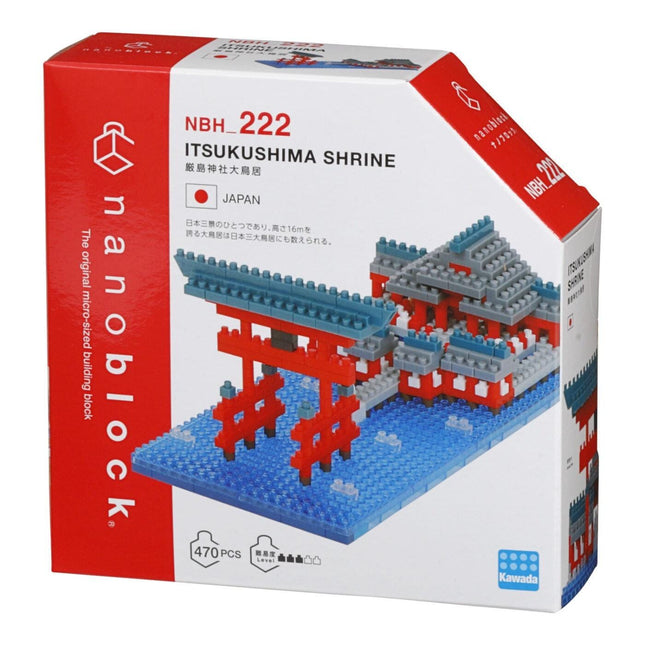 The image is a box for a building block set called " NBH-222 ItsukUSHIMA SHRINE" which is designed to resemble the ItsukUSHIMA shrine in Japan.