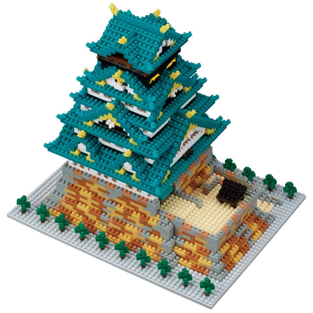 A 3D model of a Japanese castle-like structure made of small, colorful building blocks.