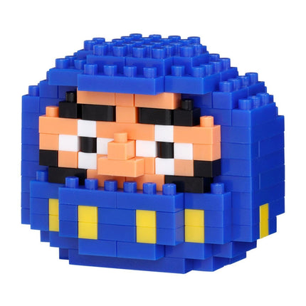 A blue and yellow 3D building block figure with a playful, pixelated design.