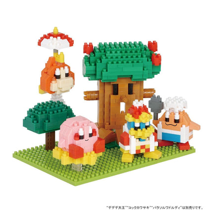 A group of colorful, pixelated characters from a video game, including a tree, a pink character, and two other characters, all made of small building blocks.