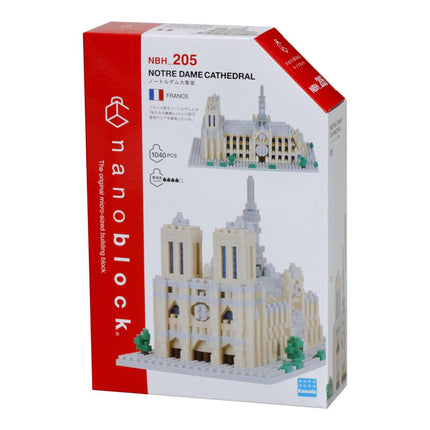 The image is a box containing a model kit of the Notre Dame Cathedral in Paris, France.