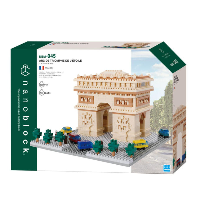 The image is a box containing a model of the Arc de Triomphe in Paris, France. The model is made of small building blocks and is displayed on a base with trees and cars.