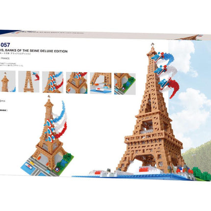 The image is a box for a building block set called "Paris Banks of the Seine Deluxe Edition". The box features a large image of the Eiffel Tower and smaller images of the tower and other Parisian landmarks.