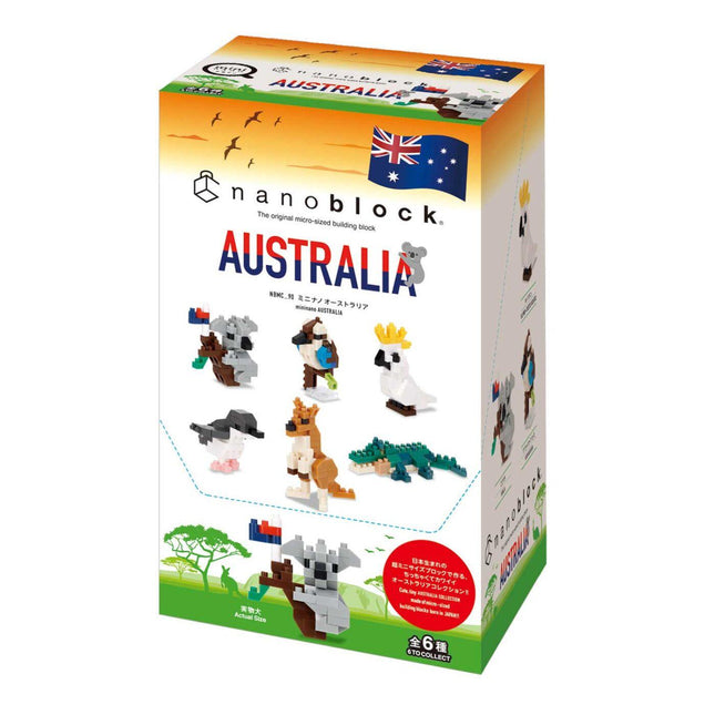 The image is a box containing a set of building blocks depicting various Australian animals, including a koala, kangaroo, crocodile, and parrot.