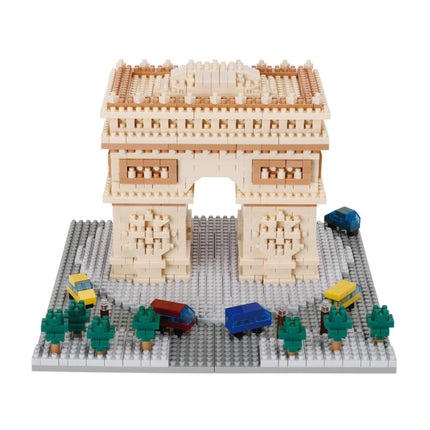 A model of the Arc de Triomphe made of Lego bricks, with various Lego vehicles and trees surrounding it.