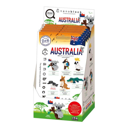 The image is a box containing a collection of various Australian-themed building blocks, including animals, landmarks, and other elements associated with the country.