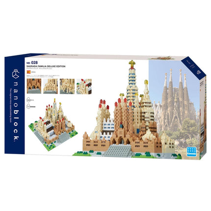The image is a box containing a model kit of the Sagrada Familia, a famous Roman Catholic church in Barcelona, Spain. The box is designed to resemble the real-life structure, with various images of the church and its architectural elements. The box is labeled as a "Nano Block" and features a detailed description of the model kit, including the number "028" and the "Sagrada Familia Deluxe Edition" label.