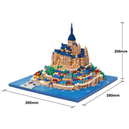 A detailed 3D model of a castle or palace, constructed from colorful building blocks, displayed on a blue platform.