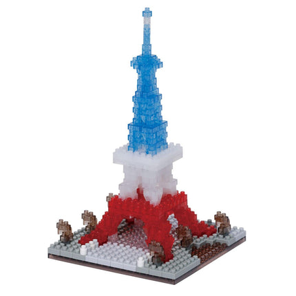 A 3D model of the Eiffel Tower made of small, colorful building blocks.