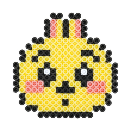 A pixelated character resembling a cartoon or anime-style face, composed of small circles in various colors including yellow, black, and pink.