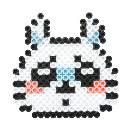 A pixelated image depicting a cute, cartoon-like rabbit or bunny character composed of small black and white beads.