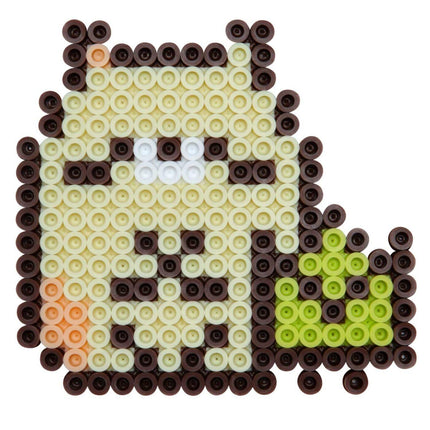 A pixelated character composed of small circular beads in various colors, including yellow, green, and brown.