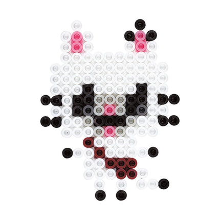 A pixelated image of a cat composed of small circles in various colors, including pink, black, and white.