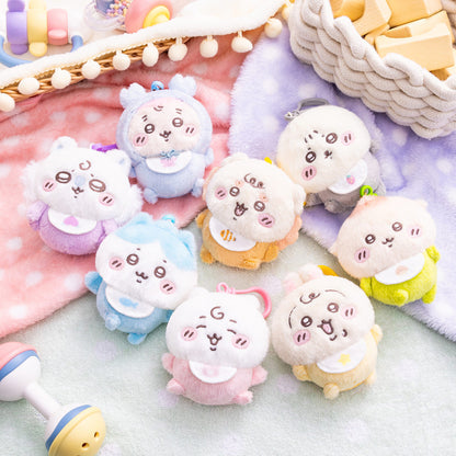 Assorted Chiikawa baby plush mascots in pastel colors, soft felt faces with smiles