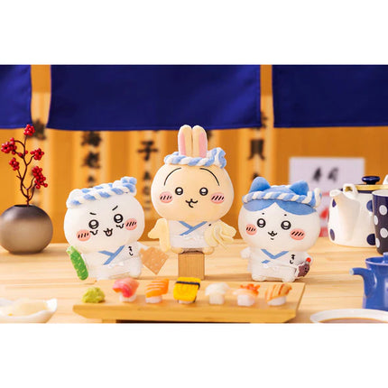 Sushi trainee plush set of three white characters with blue hats and aprons