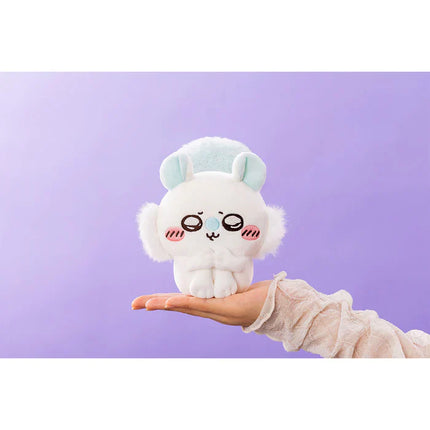 Chiikawa plush toy with sad face, light-blue ears, white fur, small outstretched paws