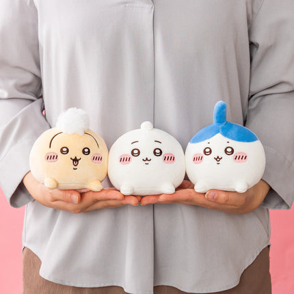 Butt plush mascot set held in hands: peach, white, and blue characters