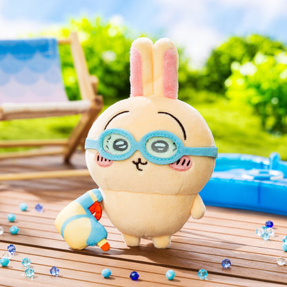 Chiikawa goggle rabbit plush mascot with blue goggles and pink ears