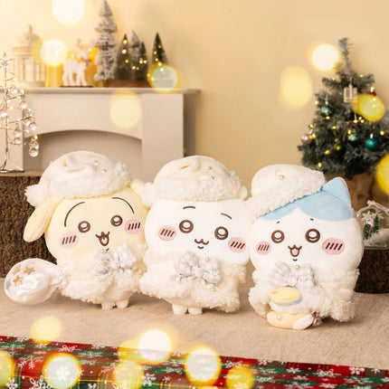 White plush toy set with bunny faces, holding a small gift; three figures together.
