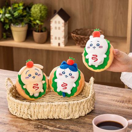 Plush bakery sandwich mascot set of three keychains: green and blue faces in a woven tray