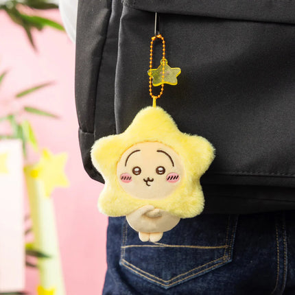 Yellow star-shaped plush mascot keychain with gold beaded chain and hanging star charm.