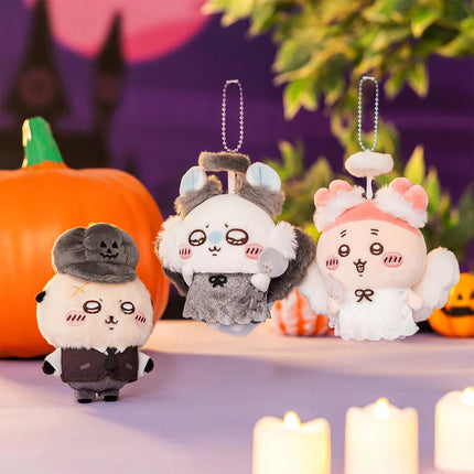 Seasonal plush keychains: three small characters with pom and dangling bead straps