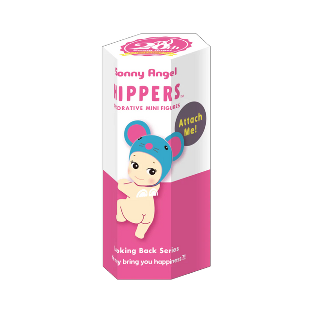 Collectible mini figure box with blue mouse-like character on pink packaging