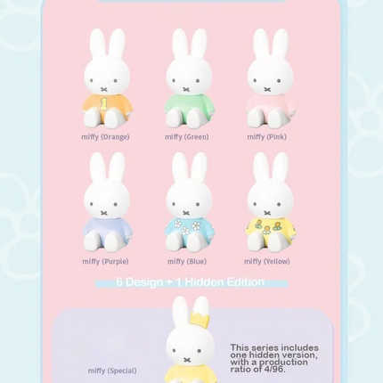 Miffy product display with various poses and accessories on a light blue background.