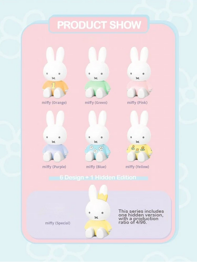 Miffy product display with various poses and accessories on a light blue background.